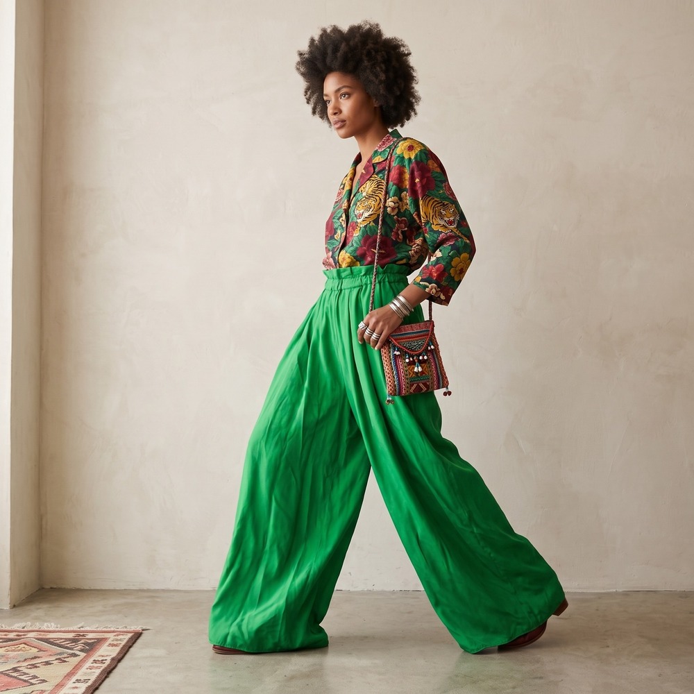 Kenzo x H&M Reversible Womens Pants Small Green Silk Blend Pleated Culottes
